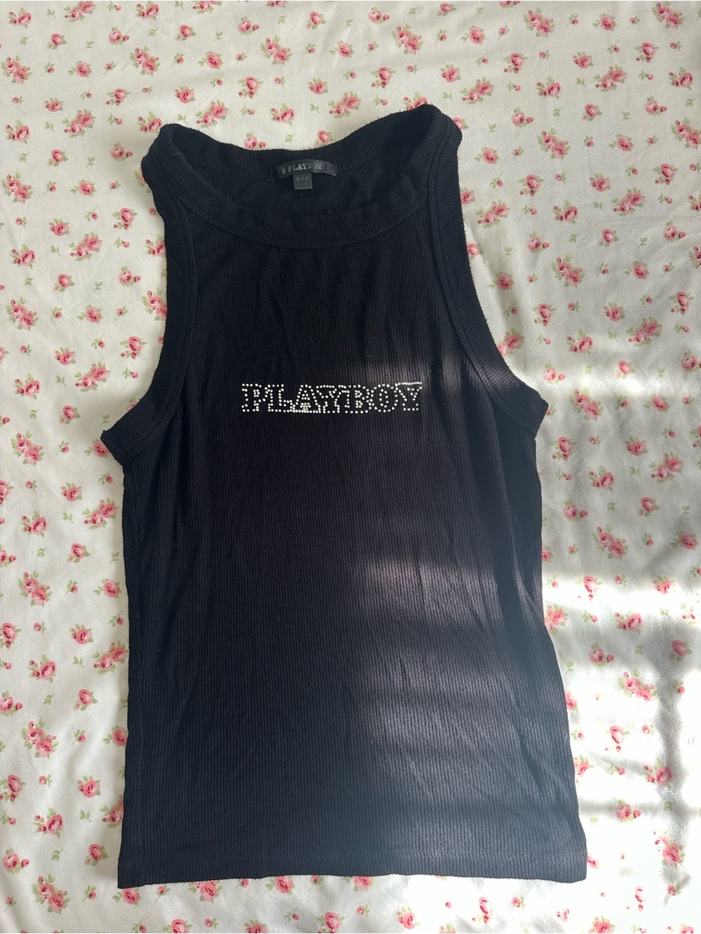 PLAYBOY Black Ribbed Tank with Rhinestone Logo